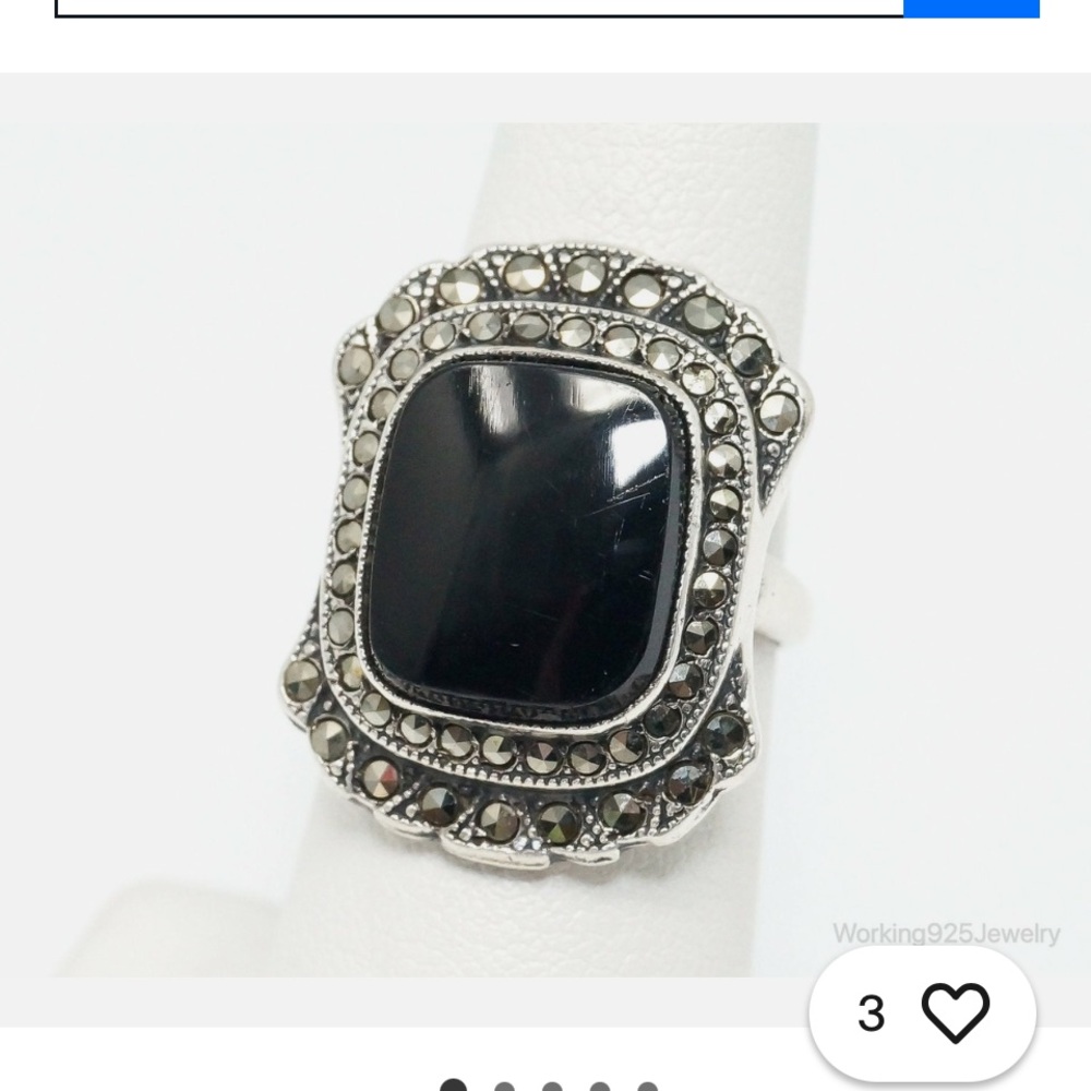 Sterling Silver Black Onyx Marcasite Statement Ring